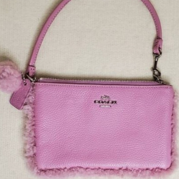 Coach Handbags - Coach Pink Sherling Trim Genuine Leather Mini Handbag Wristlet W/ Hangtag Pompom